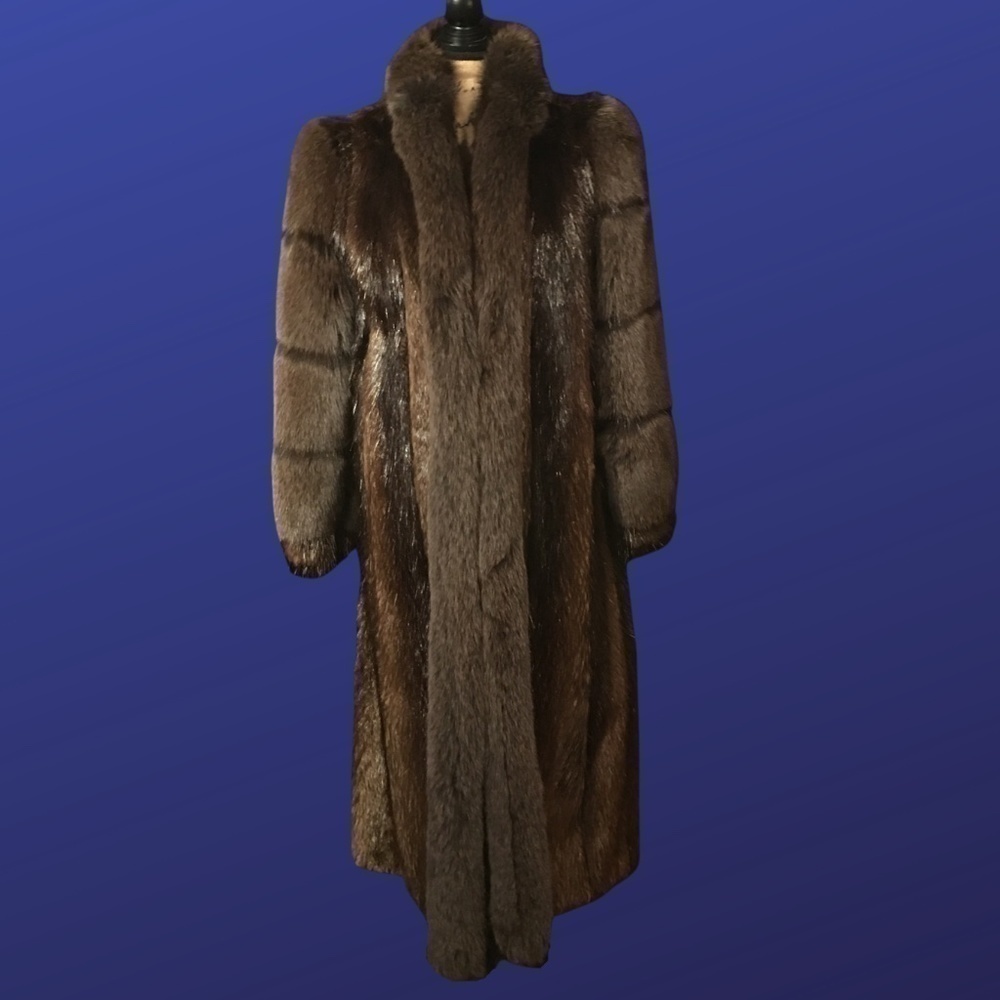 𝅺BEAVER FUR COAT w/FOX Tuxedo Collar/Sleeves, FULL LENGTH, Women’s XL